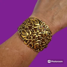 Antique Brass Floral Repousse Chunky Wide Clamper Bracelet