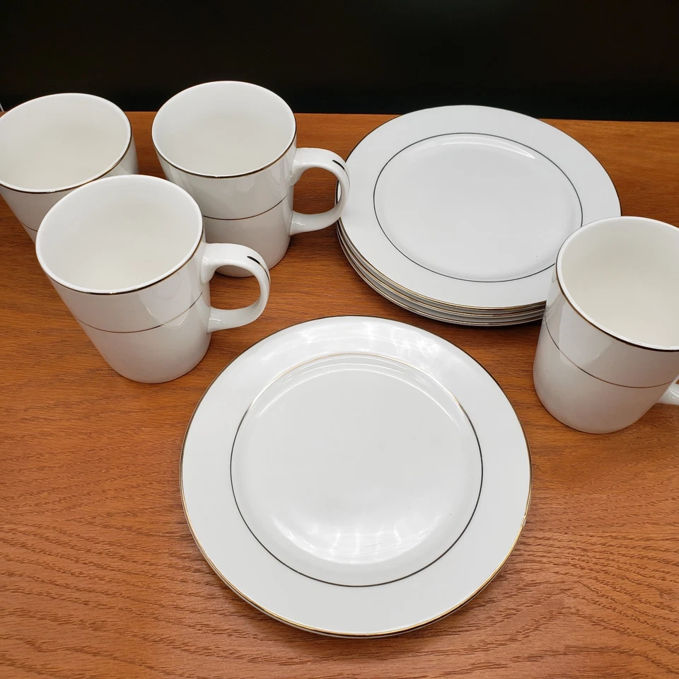 Набор столовой посуды Gibson повседневный белый 4 кружки и 4 салатные тарелки 7 дюймов с серебряным ремешком - Изображение 2 из 4