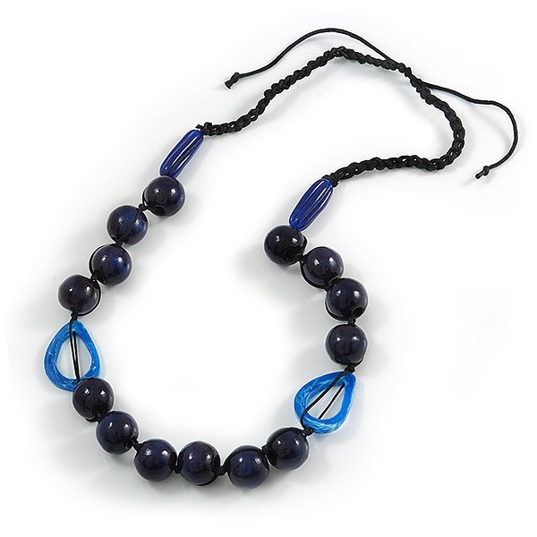 Signature Wood, Ceramic, Acrylic Bead Black Cord Necklace (Dark Blue) - 72cm L