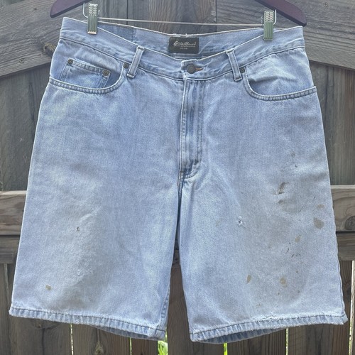 Vintage 90s Eddie Bauer Light Wash Distressed Denim Shorts Size 34 Skater Grunge