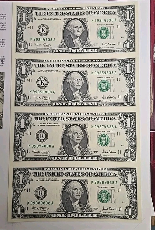 2001 $1 Dallas Federal Reserve Note (4) Piece Uncut Sheet Dallas - Image 3 of 4