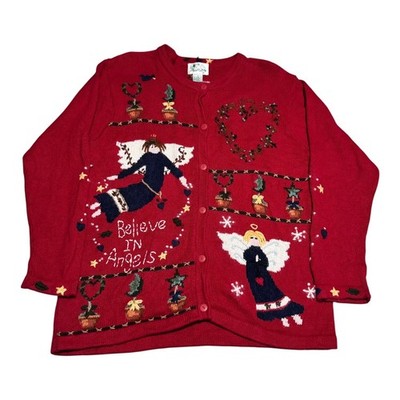 Vintage Quaker Factory Believe in Angels Christmas Cardigan Sweater Women's M