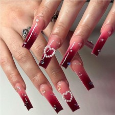 24 PCS Red Heart Nail Art, Long Length Long Water Pipe Fake Nails,Square Head