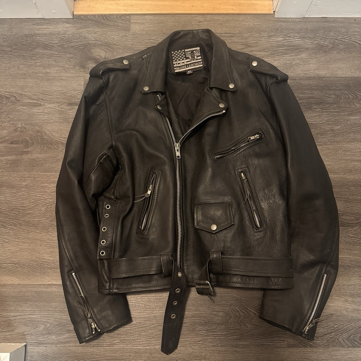 ジャケット・アウター Leather Motorcycle Jacket Vintage Vintage Leather Motorcycle Biker Jacket Black Size 54 (Fits XL