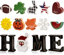 Interchangeable Home Table Signs with 11Pcs Seasonal Icons, Wooden "HOME" Letter