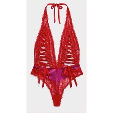 NWT Savage X Fenty Red Pink Lace Teddy Bodysuit Lingerie Lace-Up Large Boudoir