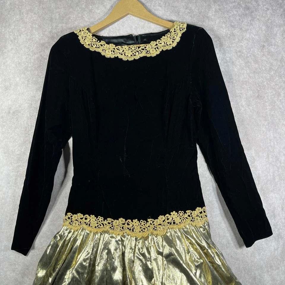Vintage 90s Scott McClintock Gown Dress Womens 6 Black Lame Gold Formal Ball - Image 2 of 4