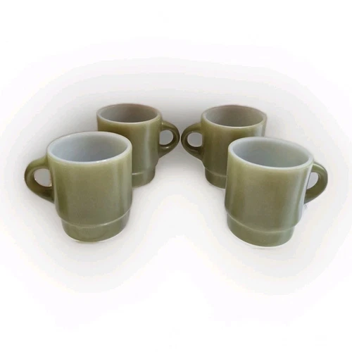 Vintage Anchor Hocking Fire King Mugs Set Of 4 Green Stackable  Marked