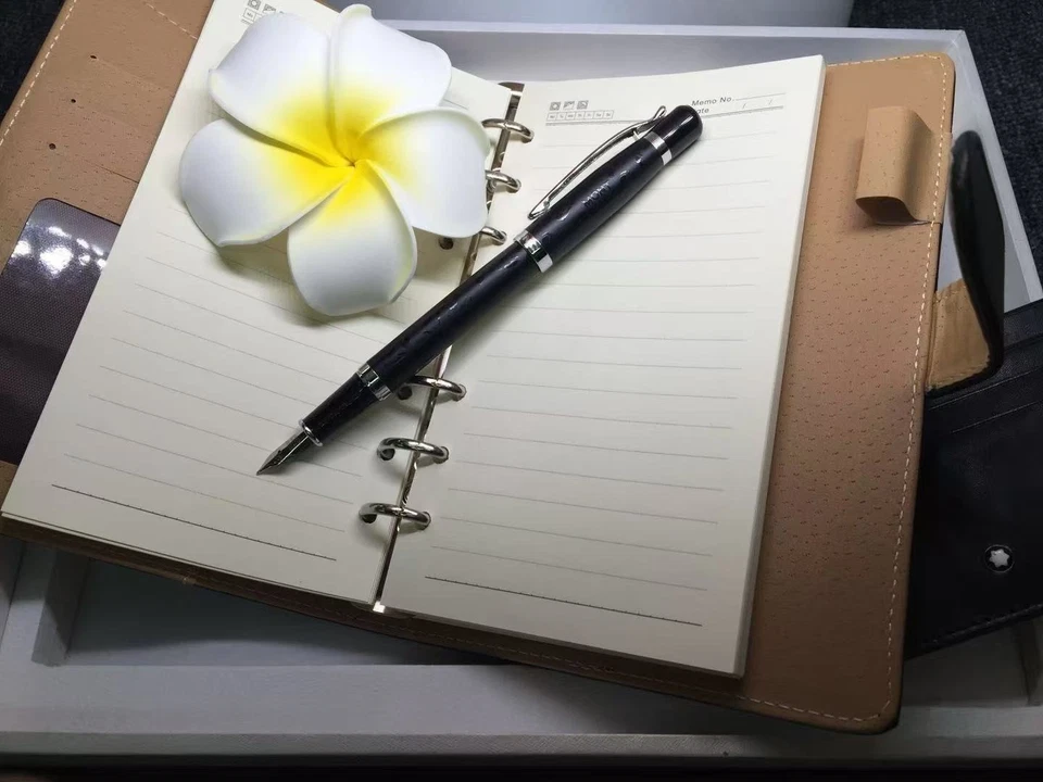 Montblanc Lujo Negro Pluma Estilográfica Cuero Cuaderno Tarjetero Set Nuevo Foto 2 de 4