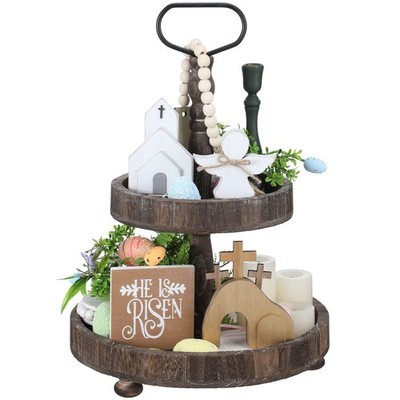 Glenmal 4 Pcs Easter Tiered Tray Decor He is Risen Religious Brown, White 