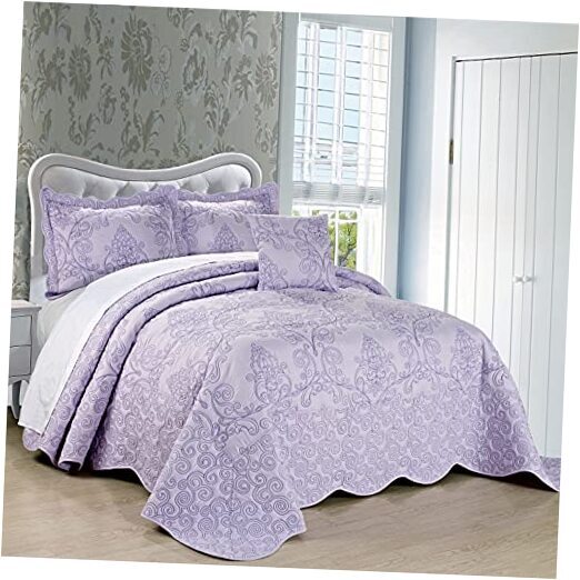 Damask 4 Piece Bedspread Set,Scalloped Oversized King 120