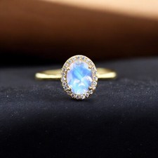 925 Sterling Silver 8x6 mm Oval Shape Natural Moonstone Ring Cubic Zirconia Ring