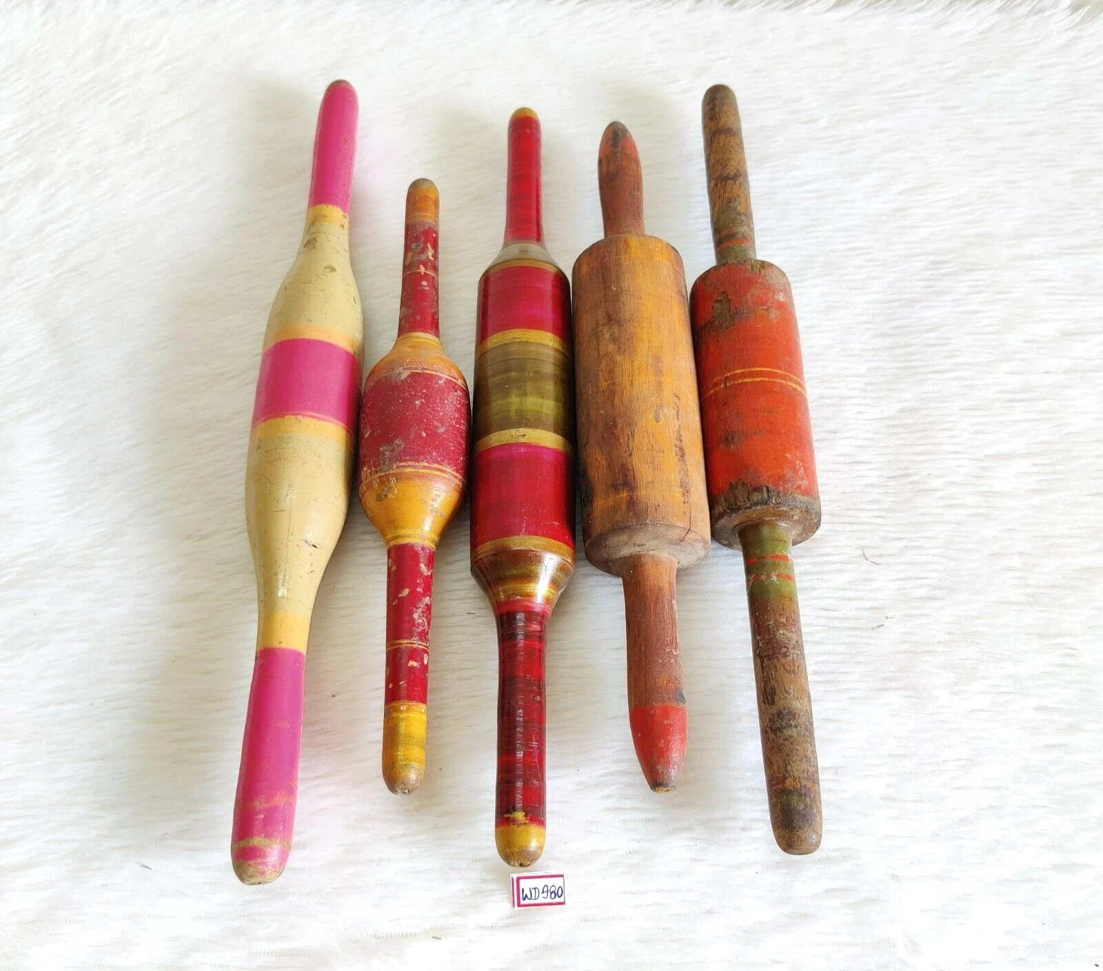 Antique Handmade Tortilla Bread Bakers Multi Color Wooden Rolling Pin 5Pc WD980