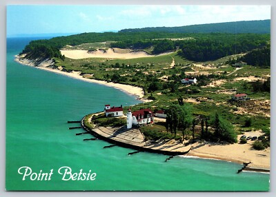 Postcard Michigan Frankfort Point Betsie Lighthouse Aerial view 8N