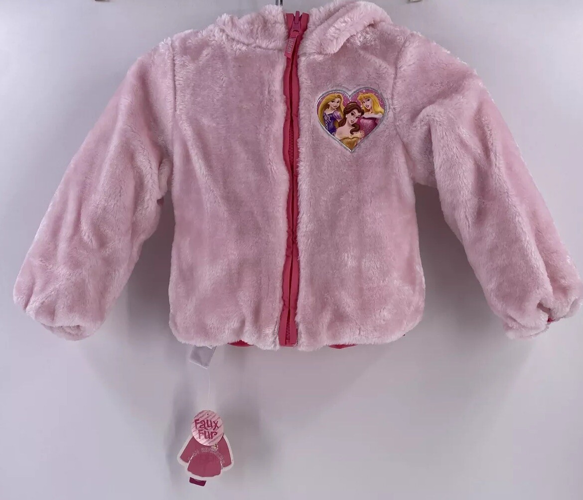 Disney Princess Reversible Girls Coat XS Pink Faux Fur Bows Hood