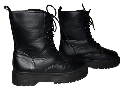 Wild Diva Lounge Black Faux Leather Combat Style Women Fashion