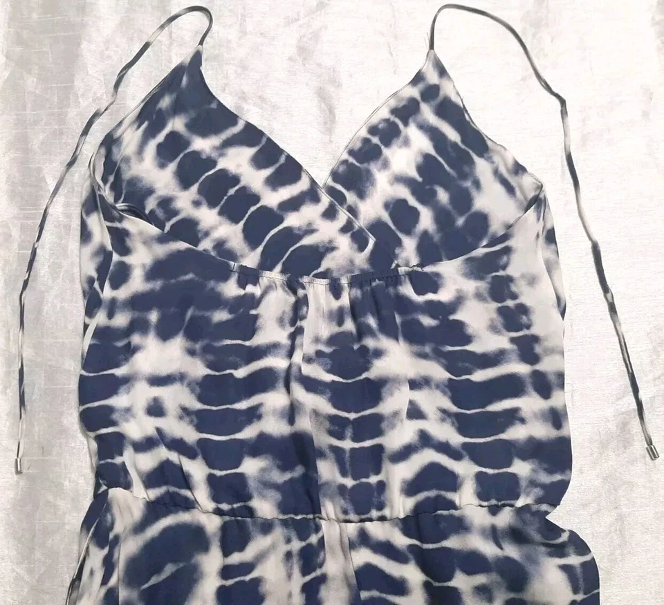 Vestido Halter Haute Hippie XS 100 % Seda Alto Bajo Imitación Envoltura Cuello en V Azul Tie Dye Boho Foto 4 de 4