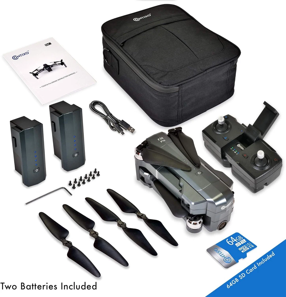Contixo F24 Pro Foldable 4K Camera GPS RC Drone Bag 64GB MicroSD