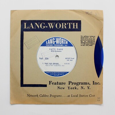 PATTI PAGE ''That Old Feeling / I'm In The Mood'' (E+) 8'' LANG-WORTH VOS-33 [33]
