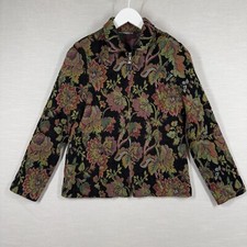 Vintage Jacket Womens Medium Black Floral Cottage Core Jacquard Tapestry Boho