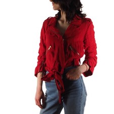 Sonia Rykiel Women  s Vintage Red Crinkled Tie Front Moto Jacket Size FR 38