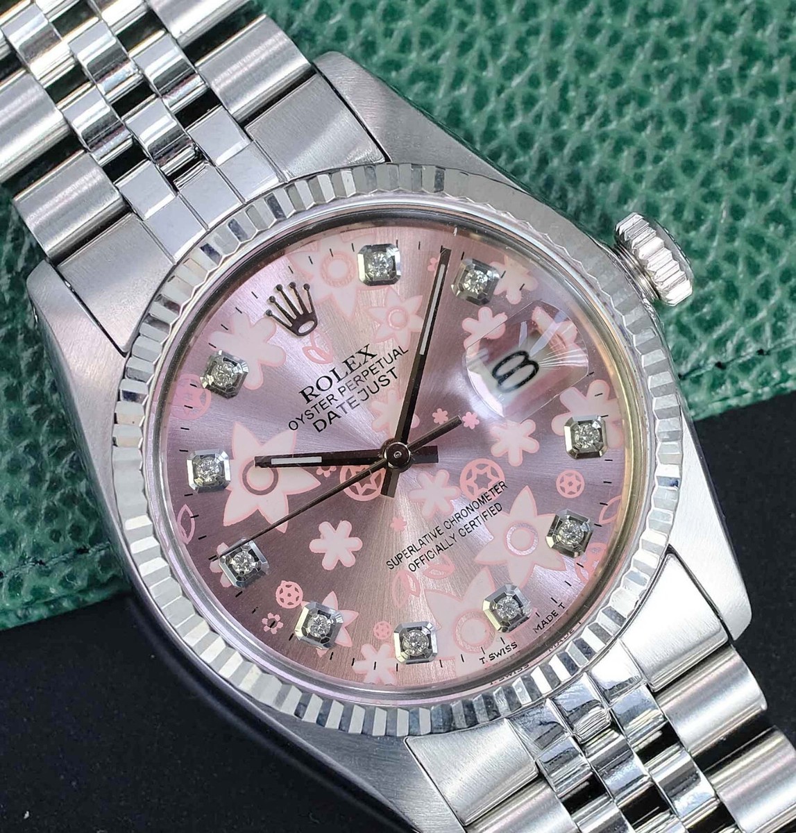 Rolex Datejust 16014 Pink Floral Diamond Dial 18KW Fluted Jubilee