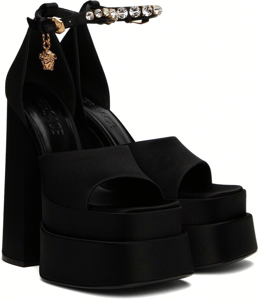 サンダル・ミュール VERSACE Black satin Medusa Aevitas sandals NIB Versace Medusa Aevitas Black Satin Crystal Platform