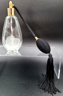Cristal d'Arques Vintage Etched Lead Crystal Rose Puff Tassel Perfume Bottle