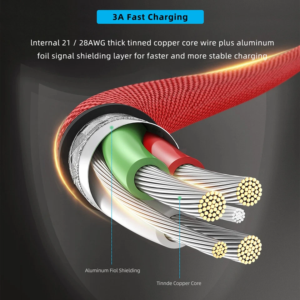 编织 USB C 型 C 电缆线 60W 3A 快速充电数据同步 6 英尺重型批量 — 第 2/4 张图片