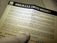 Minolta USA Limited Warranty card EN vintage MD Rokkor 50mm f1.7 1980