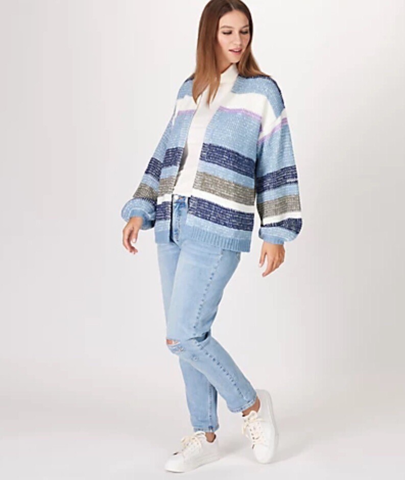 Candace Cameron Bure Striped Balloon Sleeve Cardigan Pebble Blue Large A522991