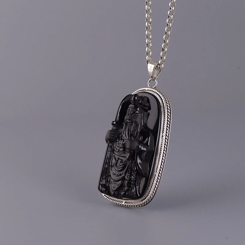 S925 Plata Tallada Negro Obsidiana Guan Yu Colgante Chino Dios Protección Amuleto Foto 2 de 4