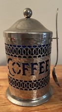 VTG Hammered Silverplate Cut Out Coffee Canister Cobalt Blue Insert with Spoon