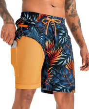 2 in 1 Men'S Swim Trunks 9" with Zipper Pockets Bathing Suit Built-In Board Shor