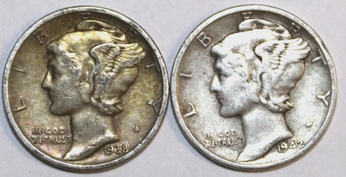 (2) Mercury Dimes - 1938P(Extra Fine) 1942P(Very Fine) - #1611ED FREE SHIPPING