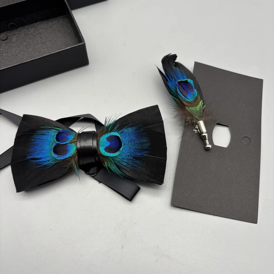 Pajarita de lujo colección pluma de pavo real pajarita y boutonnière nueva en caja Foto 4 de 4