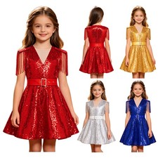 Girls Costume Wedding Skirt Holiday Gown Stage Performance Dress Glitter Event