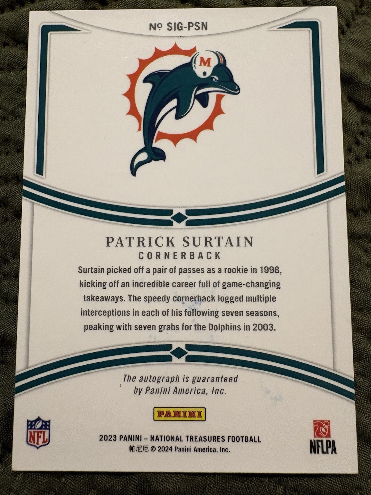 PATRICK SURTAIN 2023 NATIONAL TREASURES AUTO 23/25 JSY# 1/1 MIAMI DOLPHINS view 2