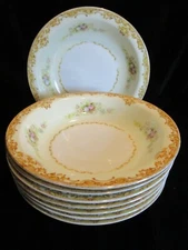JYOTO CHINA OCCUPIED JAPAN MULTICOLORED FLOWERS GOLD TRIM 8 RIMMED SOUP BOWLS