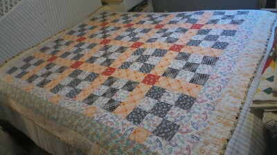 Antique Handmade QUILT,1938 9-PATCH, Some Feedsack Fabric, 72
