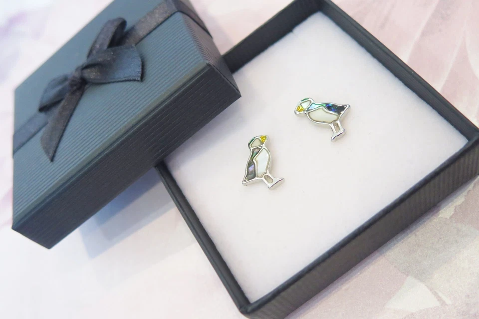 Lucky Paua Shell and Mother of Pearl Puffin Stud Earrings Mothers Day Gift - Image 2 of 3