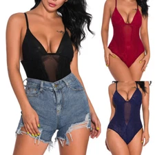 Sexy Lingerie Women V Neck Halter Lace Mesh Teddy One-Piece Bodysuit Jumpsuit US