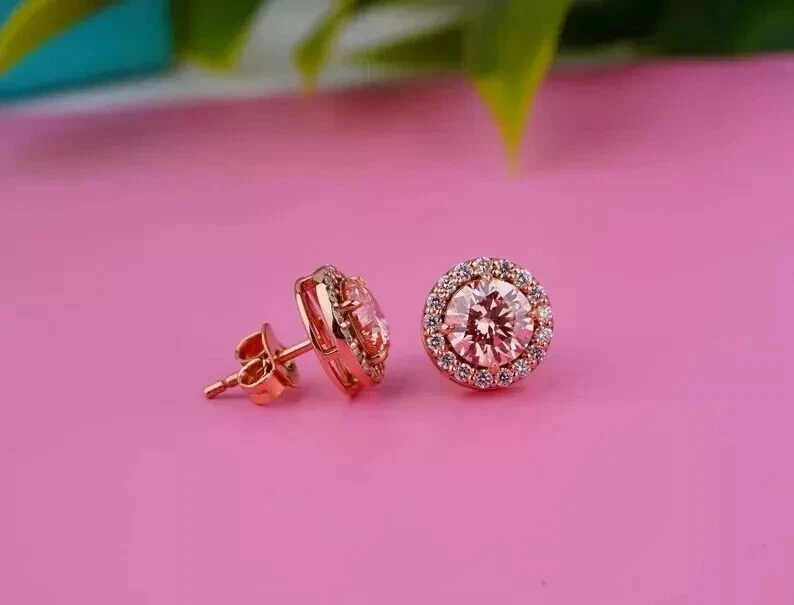 2Ct Round Cut Lab Created Pink Sapphire Halo Stud Earrings 14K Rose Gold Plated - Image 4 of 4