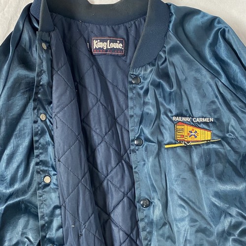 VTG Satin Jacket 80s King Louie Coat Quilt Lined Railway Carmen Dark Blue 2XL - Picture 4 of 7