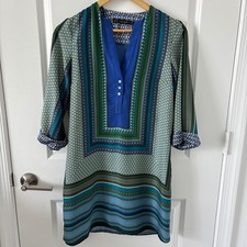 Zara | Moroccan Multicolored Patterned Tunic printed 3/4 Sleeve Mini Dress XS