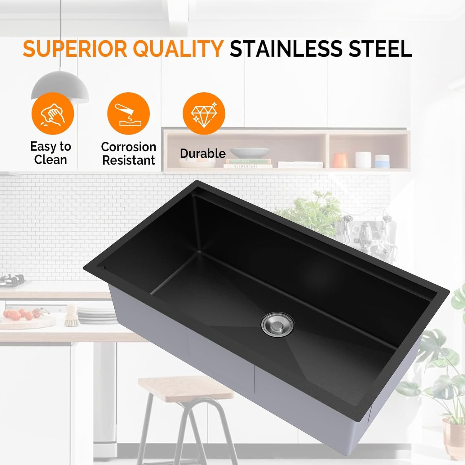 33 Inch Kitchen Sink, Single Bowl Undermount, Built-in Drying Rack & Board