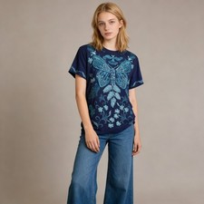 NWOT Johnny Was Embroidered Floral Butterfly Tee T-Shirt Blue Size S