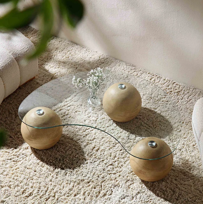 Luxury Glass Coffee Table with Ball Base | Sveti Curved Glass Coffee Table Decor - Image 3 of 4