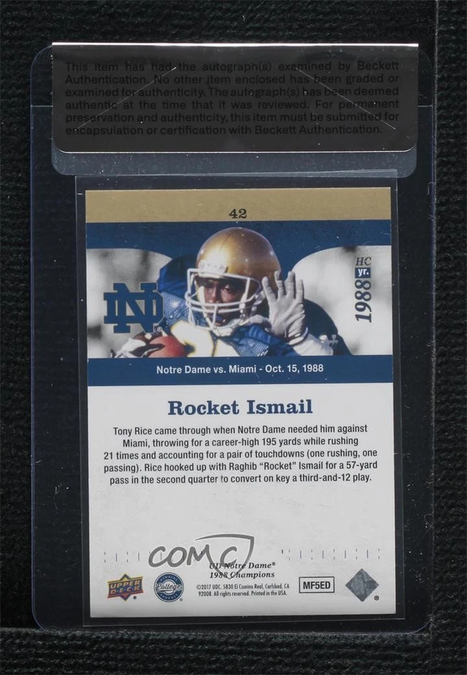 BAS 2017 Upper Deck Notre Dame 1988 Championship Blue /88 Rocket Ismail #42 Auto - Image 2 of 2