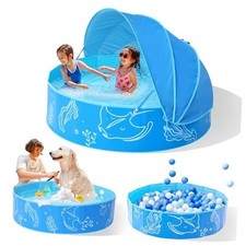Foldable Kiddie Pool with Canopy: 47in Baby Pool and Beach Tent for Blue-blue